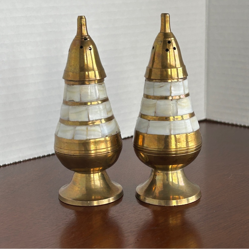 Vintage Brass and Mother of Pearl Salt and Pepper Shakers with liners
